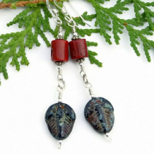 Rustic Trilobite and Red Coral Handmade Earrings, Czech Glass Artisan Jewelry