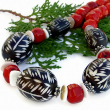 TRIBAL DANCE - Carved African Bone Handmade Tribal Necklace, Red Coral Chunky Jewelry
