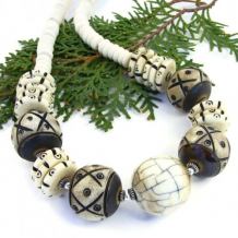 CRY OF THE KALAHARI - Chunky African Carved Bone and Wood Handmade Necklace, Magnesite Jewelry