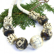 CRY OF THE KALAHARI - Chunky African Carved Bone and Wood Handmade Necklace, Magnesite Jewelry CRY OF THE KALAHARI - Chunky African Carved Bone and Wood Handmade Necklace, Magnesite Jewelry