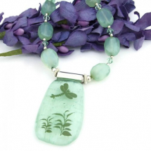 DRAGONFLY DANCE - Dragonfly Dichroic Pendant Necklace Handmade Green Chalcedony Jewelry