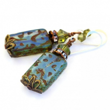 CALL OF SPRING - Blue Opalescent Czech Artisan Earrings Green Swarovski Handmade