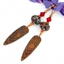 REVERIE - Copper Points Lampwork Handmade Tribal Earrings, Red Swarovski Jewelry