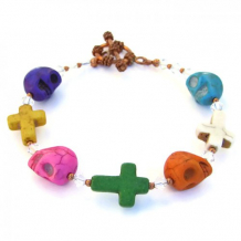 SKULLS AND CROSSES - Skull Crosses Halloween Bracelet, Handmade Dia de los Muertos Jewelry