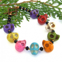 SKULL FIESTA - Day of the Dead Skull Bracelet, Handmade Black Czech Crystals