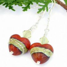 CORAZONES PRECIOSOS - Handmade Lampwork Heart Earrings, Swarovski Coral Ivory Beaded Jewelry