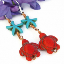 TORTUGAS DEL MAR - Turtle Earrings Handmade Red Turquoise Magnesite Starfish Jewelry