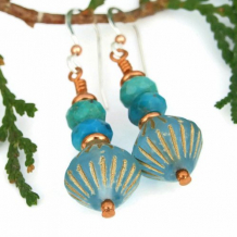 Aqua Czech Glass and Turquoise Gemstone Handmade Earrings,  Copper Artisan Jewelry