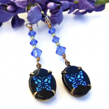 MARIPOSAS AZULES - Vintage Butterfly Intaglio Glass Earrings, Handmade Swarovski Jewelry MARIPOSAS AZULES - Vintage Butterfly Intaglio Glass Earrings, Handmade Swarovski Jewelry