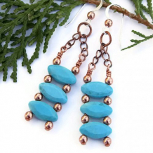 Turquoise Magnesite Ladder Earrings, Handmade Copper Artisan Jewelry