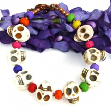 SKULL FIESTA - Skull Bracelet, Handmade Dia de los Muertos Jewelry Magnesite Colorful
