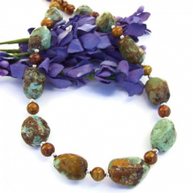 DESERT SONG - Rustic Turquoise Nuggets Necklace, Handmade Jewelry Bronze Pearls OOAK DESERT SONG - Rustic Turquoise Nuggets Necklace, Handmade Jewelry Bronze Pearls OOAK