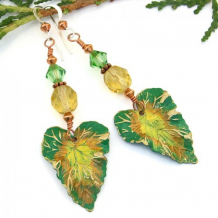 LEAF SONGS - Altered Brass Leaf Earrings. Handmade Jewelry Green Yellow Dangles 