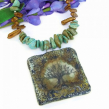 CRANN NA BEATHA - Tree of Life Pendant Necklace, Handmade Turquoise Pearls OOAK Jewelry