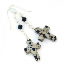 FAITH - Dalmatian Jasper Cross Earrings, Swarovski Gemstone Handmade Jewelry