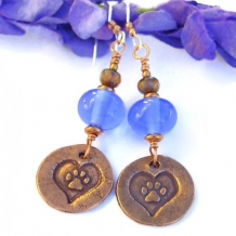 RESCUE ME - Dog Paws Hearts Copper Handmade Earrings Blue Lampwork Rescue