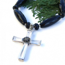 HIS SHINING LOVE - Sterling Swarovski Crystal Cross Handmade Necklace, Black Onyx Jewelry