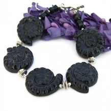 SPIRALS OF TIME - Ammonite Spirals Handmade Bracelet, Black Onyx Sterling Unique Gemstone