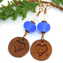 LOVE MY RESCUE - Dog Rescue Earrings, Handmade Copper Paw Prints Blue Lampwork