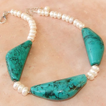 TURQUOISE SUMMER - Chunky Turquoise Triangles Pearls Necklace, Handmade Jewelry