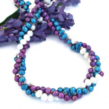 CAFE TROPICAL - Forever Twist Multi Strand Pearl Necklace, Handmade Teal Purple White