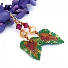 TROPICAL BEAUTIES - Green Coral Brass Leaf Handmade Earrings, Czech Glass Swarovski Jewelry
