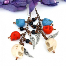 SKULLS AND WINGS - Steampunk Day of the Dead Skull Earrings Handmade Wings Crystals