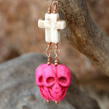 SCARY IN PINK! - Halloween Day of the Dead Skulls Crosses Handmade Earrings, Magnesite