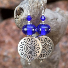 BLUE HEAVEN - Pewter Spirals Handmade Earrings, Cobalt Lampwork Unique Beaded Jewelry