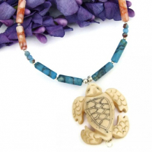 TORTUGA - Sea Turtle Pendant Necklace, Scrimshaw Bone Jasper Gemstone Jewelry