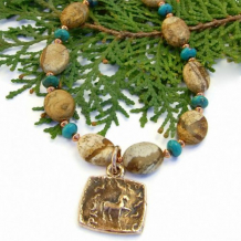 ANCIENT DAYS - Ancient Horse Bronze Coin Replica Necklace, Handmade Jasper Turquoise