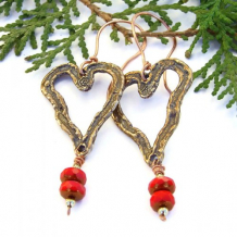 HEARTS A'FIRE - Rustic Heart Valentines Earrings, Handmade Bronze Red Glass Jewelry
