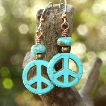GIVE ME PEACE - Peace Sign Earrings, Turquoise Magnesite Handmade Copper Brass