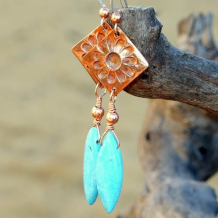 TURQUOISE SPRING - Copper Daisy Turquoise Magnesite Handmade Earrings, Summer Jewelry
