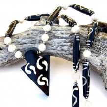 NZURI SANA - Yin Yang Arrowhead Batik Bone Necklace, Pearls Handmade Jewelry