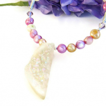 DRUZY MOON - Druzy Pendant Handmade Necklace, Mothers Day Jewelry Pearls Swarovski