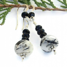 BLACK MAGIC - Gemstone Earrings, Tourmalated Quartz Onyx Sterling Handmade Dangles