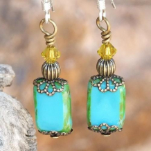 VINTAGE DAZE - Handmade Turquoise Czech Glass Swarovski Brass Earrings