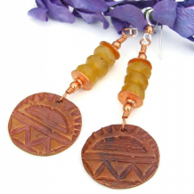INCA SUN - African Opal Earrings Handmade Copper Rising Suns Jewelry Ethnic