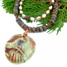 FREE SPIRIT - Rustic Horse Pendant Necklace, Jasper Pearls Handmade Jewelry 2 Strand