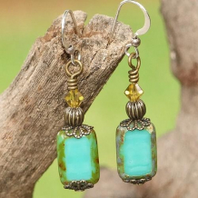 VICTORIANA - Turquoise Czech Glass Swarovski Brass Earrings, Handmade Jewelry