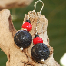 POPPY GARDEN - Black Lava Rock Handmade Earrings, Red Coral Spinel Jewelry