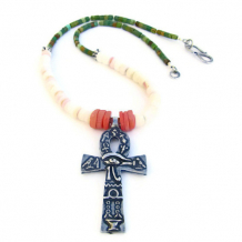 KEY OF LIFE - Pewter Ankh Handmade Necklace, Shell Turquoise Egyptian Beaded Jewelry