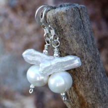 ANGEL WINGS - Handmade Pearl Earrings, Stick Pearl White Jewelry