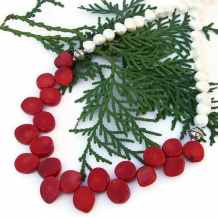 RAMBLIN' ROSE - Red Coral and White Pearls Necklace, Sterling Handmade Beaded Jewelry