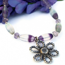 FLIRTING WITH FLOWERS - Thai Flower and Rainbow Fluorite Handmade Necklace, Amethyst