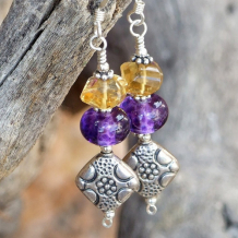 ROYALE - Handmade Earrings, Flower Purple Lampwork Citrine Jewelry