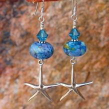 STAR OF THE SEA - Starfish Handmade Earrings, Aqua Lampwork Swarovski Beach Jewelry