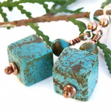 DESERT WINDS - Handmade Earrings, Turquoise Magnesite Cubers Copper Unique Jewelry