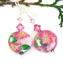 SPRING BEAUTY - Pink Flower Artisan Earrings, Handmade Polymer Clay Swarovski Jewelry